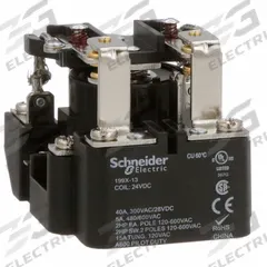 SCHNEIDER Open Power Relay: Surface Mounted, 40 A Current Rating, 24V DC, DPDT, 8 Pins/Terminals (MPN 199X-13). Key specifications — Brand: SCHNEIDER; Base Type: Octal; Mounting Style: Surface; Electrical Connection: Screw Terminal; Manufacturer Part Number: 199X-13; Operating Current: 5 A at 600V AC (Resistive Load); Series: 199 Power Series.