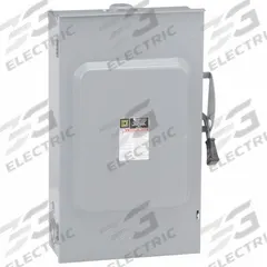 SQUARE D Safety Switch: Fusible, 200 A, Single Phase, 240V AC, Galvanized Steel, Indoor/Outdoor (MPN D224NRB). Key specifications — Brand: SQUARE D.