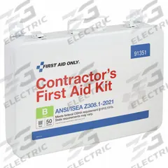 FIRST AID ONLY First Aid Kit and Housing: 263 Components, ANSI/ISEA Z308.1-2021, Type III, Class B (MPN 91351). Key specifications — ANSI Standard Met: ANSI/ISEA Z308.1-2021; Adhesive Bandages Included: (100) Bandages; Oral and Inhalant Medicinals Included: No Oral/Inhalant Medicinals; Topical Medicinals Included: (20) Hand Sanitizer Packets; Wound Dressings Included: Splint; Unitized: Bulk.