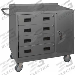 DURHAM MFG Mobile Cabinet Workbench: 36 in x 18 in, Steel, 1,200 lb Overall Load Capacity, Gray (MPN 2211-95). Key specifications — Included Components: Handle on Side; Assembly: Fully Assembled; Brand: DURHAM MFG.