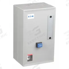 EATON NEMA Magnetic Motor Starter: Non-Reversing, 3 Poles, NEMA Size 00, 9 A, 208V AC Coil (MPN ECN05A1EAA-R63/B). Key specifications — attr211388: EATON; attr951451: 1NO/1NC; attr951453: 208V AC; attr951489: Three; attr984425: 1NO/1NC; attr984429: Pilot Light; attr997361: None (Not Applicable to Electronic Overloads).