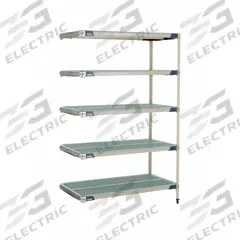 METRO Plastic Industrial Shelving: 24 in x 48 in, 74 in Overall Ht, 5 Shelves, Antimicrobial (MPN 5AX557GX3). Key specifications — Resistance Properties: Antimicrobial; Frame Material: 304 Stainless Steel; Shelving Material: Polymer; Brand: METRO.