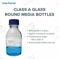 COLE-PARMER Media Bottle: 5 L, Cap, 50 mm, 33 cm, Colorless, Closure Included, Wide Mouth Size (MPN 3450382). Key specifications — Closure Type: Cap; Mouth Size: Wide; Screw Closure Size: 50 mm; Brand: COLE-PARMER; Body Color: Colorless.