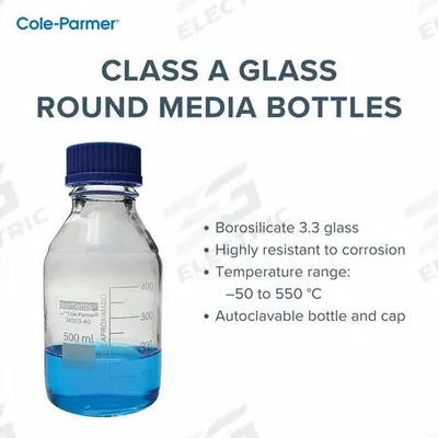 COLE-PARMER Media Bottle: 5 L, Cap, 50 mm, 33 cm, Colorless, Closure Included - Glass Lab Media Bottles