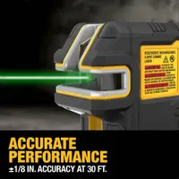DEWALT Dot Laser: 2 Lines and 5 Dots, Green Beam, 100 - 200 ft Range w/o detector, Included, 5 Dots (MPN DCLE14251G). Key specifications — attr935979: AA; attr934757: DEWALT; attr936112: ±1/8 in @ 33 ft; attr936114: Pendulum Self-Leveling; attr935981: Power Adapter.
