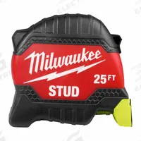 MILWAUKEE STUD Tape Measure: Nonmagnetic Single Hook Tip, 25 ft, Plastic, Black/Red (MPN 48-22-1425). Key specifications — attr935324: MILWAUKEE; attr942259: Black; attr935326: High-Visibility Blade; attr935328: 1/16 in; attr935329: Inches; attr935337: SAE; attr936607: Manual Lock; attr972446: Inch.
