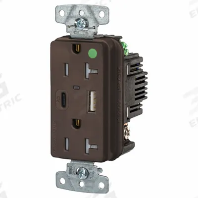 HUBBELL Receptacle: Duplex, 5-20R, 2 USB Ports, USB Type A/C, Brown, 125V AC - Hospital-Grade Receptacles with USB Chargers