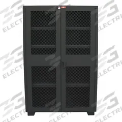 JAMCO Storage Cabinet: 48 in x 18 in x 78 in, 4 Adj Shelves, Swing Handle & Padlock Hasp, Legs (MPN DM148BL). Key specifications — Brand: JAMCO; Body Panel Type: Ventilated; Base Type: Legs; Cabinet Color: Black; Frame Assembled: Assembled.