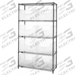 QUANTUM STORAGE SYSTEMS Bin Shelving: 42 in x 18 in x 74 in, 1 Sided, 8 Bins, Open, Clear, 5 Shelves (MPN WR5-700CL). Key specifications — Includes Bins: Yes; Bin Material: Polypropylene; Frame Color: Silver; Bin HxWxD: (8) 12-7/16 in x 19-7/8 in x 15-1/4 in; Frame Material: Steel; Bin Color: Clear; Bin Style: Hang and Stack; Brand: QUANTUM STORAGE SYSTEMS.