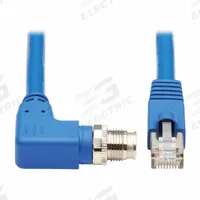 EATON TRIPP LITE Ethernet Cable: 16.4 ft Lg, X Coding, M12 Male Right Angle x RJ45 Male Straight (MPN NM12-6A4-05M-BL). Key specifications — Brand: EATON TRIPP LITE; Cable Jacket Color: Blue; End 1 Coding: X; IP Rating: IP68; Performance Category: Cat6a; Power over Ethernet (PoE): PoE++.