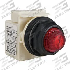 SCHNEIDER ELECTRIC Pilot Light: 30 mm Panel Mounting Size, Red, Incandescent, 9001SK Series (MPN 9001SKP35R31). Key specifications — Series: 9001SK; Brand: SCHNEIDER; Includes Push-To-Test: No Push-To-Test Included.