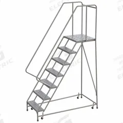 BALLYMORE Rolling Ladder: 5.8 ft Platform Ht, Assembled, Aluminum, Wt-Actuated, Perforated (MPN WLAR107246-D4). Key specifications — Includes Handrails: Handrails Included; Material: Aluminum; Brand: BALLYMORE; Color: Gray.