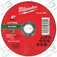 MILWAUKEE Cut-Off Wheel: Type 1, 4" x 1/8" x 5/8", Silicon Carbide, 30 Grit (MPN 49-94-1900). Key specifications — Brand: MILWAUKEE.