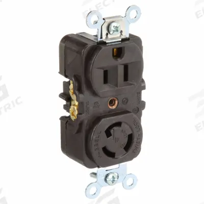 HUBBELL Combination Device: 5-15R/L5-15R, Brown, 125V AC - Straight-Blade & Locking-Blade Outlets