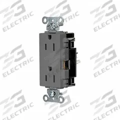 HUBBELL Receptacle: Decorator Duplex, 5-15, Gray, 125V AC, 15 A, 2 Pole / 3 Wire (MPN DR15STGY)