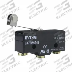 EATON Snap Action Switch: Roller Lever Actuator, SPDT, Screw Terminals (MPN E47BMS41). Key specifications — AC Contact Rating: 15 A @ 250 V; Electrical Connection: Screw Terminals; Series: E47; Brand: EATON.