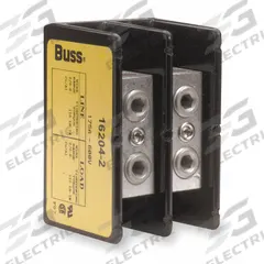 BUSSMANN Power Distribution Block: Open, Lug, Lug, 14 AWG – 2/0 AWG For Line Side Wire Sizes (MPN 16204-2). Key specifications — attr1361688: Surface; attr1308686: BUSSMANN; attr1361672: Aluminum.