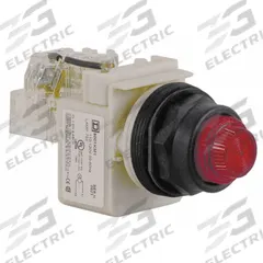 SCHNEIDER ELECTRIC Pilot Light: 30 mm Panel Mounting Size, Red, Incandescent, 9001SK Series (MPN 9001SKT1R31). Key specifications — Series: 9001SK; Brand: SCHNEIDER; Includes Push-To-Test: Push-To-Test Included.