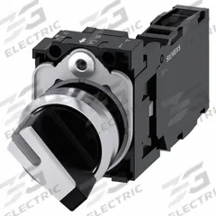 SIEMENS Selector Switch: 22 mm Panel Mounting Size, 2 Positions, Short Lever, 1NO/1NC, Metallic (MPN 3SU1150-2BF60-1FA0). Key specifications — AC Contact Rating: 10 A @ 600 V; Action: Maintained/Maintained; Cam: No Cam Included; DC Contact Rating: 1 A @ 600 V; Hazardous Location Specification: Not Rated; Operator Head Material: Plastic; Operator Head Type: Short-Handled Knob; Operator Illumination: Illuminated.