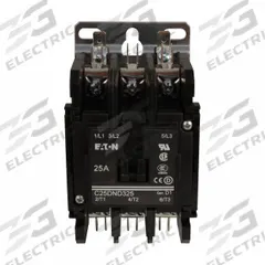 EATON Definite Purpose Magnetic Contactor: 3 Poles, 208-240V AC, 25 A, Non-Reversing (MPN C25DND325B). Key specifications — Brand: EATON; Coil Voltage: 208-240V AC; Contactor Style: HVACR Definite Purpose Contactor; Frame Size: D; Terminal Connection Type: Quick-Disconnect Terminals; Maximum Voltage Rating: 690V AC; Series: C25 Series; Phase: Three.