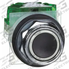 SCHNEIDER Flush Push Button Operator: Non-Illuminated, Flush Profile, Metallic, 30 mm, 1NO (MPN 9001KR1BH5). Key specifications — Brand: SCHNEIDER; Action: Momentary; Series: 9001K; Push Button Material Type: Metallic.