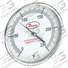 DWYER Glow-in-the-Dark Dial Thermometer: 0°F to 250°F, +/- 1% Accuracy, 5 in Dial Dia, Male (MPN GBTB52551). Key specifications — Accuracy: +/- 1%; Brand: DWYER.
