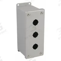 WIEGMANN Push Button Enclosure: 22mm, 3 Holes, Carbon Steel, NEMA 12 (MPN PBGX3). Key specifications — Brand: WIEGMANN; Environments & Applications: Indoor Dust & Water Droplets.