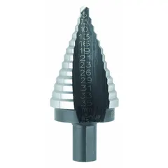 IRWIN Step Drill Bit: 5 mm to 35 mm, Black Oxide HSS, 3-Flats Shank (MPN 11105ZR). Key specifications — attr1234936: Not Impact Rated.