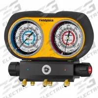FIELDPIECE Analog Gauge: 3 Valves, 0 Hoses, Series GS, 3 in Gauge, For R-134A/R-404A/R-407C/R-448A (MPN GS334F). Key specifications — Hose Connection Type: Ball Valve; Product Type: Manifold Gauge Set; For Refrigerant Type: R-404A; Brand: FIELDPIECE; Includes: GS334F 3-Port Manifold; Gauge Boots: No; Sight Glass: Yes.