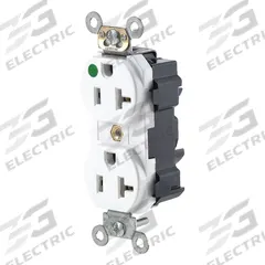 LEVITON Receptacle: Hospital Grade Fed. Spec., Duplex, 5-20R, White, 125V AC, 20 A, 2 Pole / 3 Wire (MPN M8300-HW)