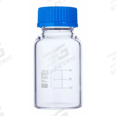 GLOBE SCIENTIFIC Media Bottle: 50 mL, Screw-On, GL32, 87 mm, Colorless, Closure Included - Glass Lab Media Bottles