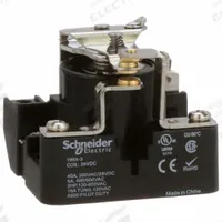 SCHNEIDER Open Power Relay: Surface Mounted, 40 A Current Rating, 24V DC, SPDT, 5 Pins/Terminals (MPN 199X-3). Key specifications — Brand: SCHNEIDER; Base Type: Square; Mounting Style: Surface; Electrical Connection: Screw Terminal; Manufacturer Part Number: 199X-3; Operating Current: 5 A at 480V AC (Resistive Load); Series: 199 Power Series.