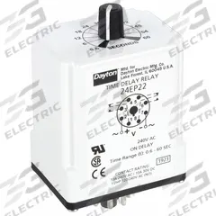 DAYTON Single Function Time Delay Relay: Socket Mounted, 240V AC, 10 A, 8 Pins/Terminals, On Delay (MPN 24EP22). Key specifications — Brand: DAYTON.