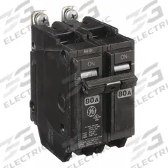 GE Miniature Circuit Breaker: THQB, 80 A, 120/240V AC, Single Phase, 10kA at 120/240V AC, Std (MPN THQB2180). Key specifications — attr195972: 80 A; attr195973: 120/240V AC; attr195974: Single; attr195975: 10kA at 120/240V AC; attr195976: Load Centers.