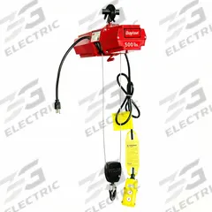 DAYTON Electric Wire Rope Hoist: H2 - Light Duty, Hook Mounted - No Trolley, 500 lb Lifting Capacity (MPN 4GU72). Key specifications — Lifting Hook Type: Hook with Safety Latch; Brand: DAYTON; Speed Programmability: Non-Programmable; Operating Voltage: 115V AC.