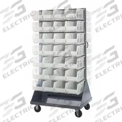 QUANTUM STORAGE SYSTEMS Mobile Louvered Floor Rack: 36 in x 24 in x 72 in, 56 Bins Included, Clear (MPN QMD-36H-240CL). Key specifications — Bin Width: 8-1/4 in; Color: Gray; Caster Wheel/Configuration: (2) Swivel; Bin Color: Clear; Bin Depth: 14-3/4 in; Bin Height: 7 in; Includes: Pull Handle; Brand: QUANTUM STORAGE SYSTEMS.