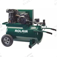 ROLAIR Portable Air Compressor: Quiet, Splash Lubricated, 20 gal, Horizontal, 1.5 hp, 120V AC (MPN 5520MK103-0072). Key specifications — attr48686: Splash Lubricated; attr48685: 120V AC; attr48689: 10.10 cfm; attr48678: 18.1 A; attr48688: Accessory Support Clip; attr48671: ROLAIR; attr124308: Quiet (less than 75 dBA).