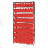QUANTUM STORAGE SYSTEMS Bin Shelving: 36 in x 18 in x 74 in, 1 Sided, 64 Bins, Open, Shelf Bin, Red (MPN WR9-203RD). Key specifications — Includes Bins: Yes; Bin Material: Polypropylene; Frame Color: Silver; Bin HxWxD: (64) 6 in x 4-1/8 in x 17-7/8 in; Frame Material: Steel; Bin Color: Red; Bin Style: Shelf; Brand: QUANTUM STORAGE SYSTEMS.