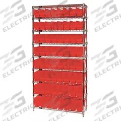 QUANTUM STORAGE SYSTEMS Bin Shelving: 36 in x 18 in x 74 in, 1 Sided, 64 Bins, Open, Shelf Bin, Red (MPN WR9-203RD). Key specifications — Includes Bins: Yes; Bin Material: Polypropylene; Frame Color: Silver; Bin HxWxD: (64) 6 in x 4-1/8 in x 17-7/8 in; Frame Material: Steel; Bin Color: Red; Bin Style: Shelf; Brand: QUANTUM STORAGE SYSTEMS.