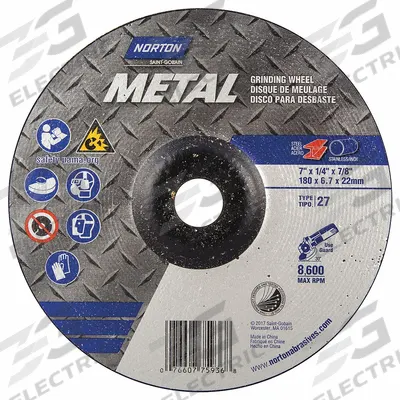 NORTON Depressed Center Grinding Wheel: Type 27, 7" x 1/4" x 7/8", Aluminum Oxide - General Purpose Grinding Wheels for Carbon & Stainless Steel