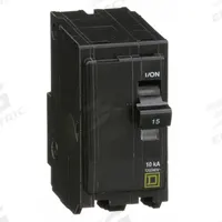 SQUARE D Miniature Circuit Breaker: 15 A, 120/240V AC, Single Phase, 10kA at 120/240V AC, 2 Poles (MPN QO215). Key specifications — Phase: Single; Amps: 15 A; AC Voltage Rating: 120/240V AC; Max. AIR Rating: 10kA at 120/240V AC; For Use With: QO Load Centers and NQ Panelboards; Brand: SQUARE D.