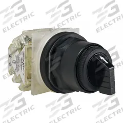 SCHNEIDER Selector Switch: 30 mm Panel Mounting Size, 3 Positions, Short Lever, DPDT, Non-Metallic (MPN 9001SKS46BH2). Key specifications — AC Contact Rating: 1.2 A @ 600 V; Action: Maintained/Maintained/Maintained; Cam: F; DC Contact Rating: 0.27 A @ 250 V; Hazardous Location Specification: Not Rated; Operator Head Material: Polycarbonate; Operator Head Type: Short-Handled Knob; Operator Illumination: Non-Illuminated.