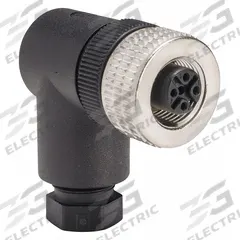 TELEMECANIQUE Internal Thread Connector: 5 Socket, M12 Female Thread, IP67, Screw Terminals, Plastic (MPN XZCC12FCM50B). Key specifications — Connector Body Type: Socket; Brand: TELEMECANIQUE SENSORS; Voltage Rating: 36V DC; Thread Size: M12; Mounting Style: Female Thread; IP Rating: IP67; Housing Material: Plastic; Connector Orientation: 90° Angle.