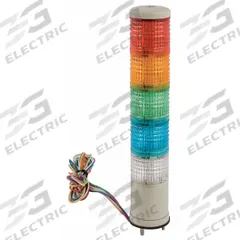 SCHNEIDER Tower Light Assembly: 5 Tier, Blue/Clear/Green/Orange/Red, No Sounder Tier, Steady (MPN XVC4B5K). Key specifications — Manufacturer Part Number: XVC4B5K; Brand: SCHNEIDER; Operating Voltage: 24V; Light Tier Color: Red.