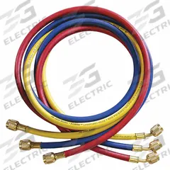 JB INDUSTRIES Hose Set: 5 ft Lg, 0° Angle, Blue/Red/Yellow, Rubber/Kevlar®, 3 Hoses (MPN CCLE-60). Key specifications — Brand: JB INDUSTRIES; Includes Valve: Yes.