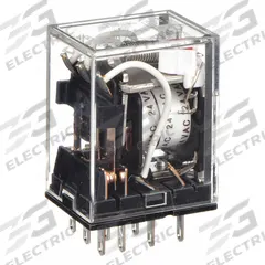 OMRON General Purpose Relay: Socket Mounted, 5 A Current Rating, 24V AC, 3PDT, 11 Pins/Terminals (MPN MY3N-AC24). Key specifications — Brand: OMRON; Base Type: Square; Mounting Style: Plug-In; Pin Shape: Flat; Electrical Connection: Quick-Connect; Manufacturer Part Number: MY3N-AC24; Operating Current: 5 A at 24V DC (Resistive Load); Series: MY Series.