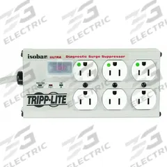 TRIPP LITE Outlet Strip: 6 Outlets, 15 ft Cord Lg, 3,330 J Rated Energy, 12 A Current, UL 1363, Gray (MPN ISOBAR 6 ULTRA HG). Key specifications — Brand: TRIPP LITE; Mounting Style: Keyhole.