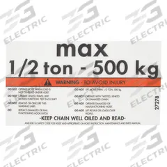 CM Capacity Label: Electric Chain Hoists, 1,000 lb Compatible Load Capacity, Lodestar, 27278. Key specifications — Compatible Series: Lodestar; Manufacturer Part Number: 27278.