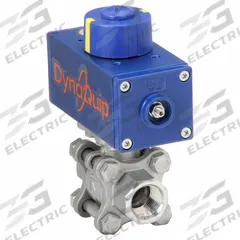 DYNAQUIP CONTROLS Pneumatically Actuated Two-Way Ball Valve: 1/2 in, Stainless Steel, FNPT x FNPT (MPN P3S23AJDA032A). Key specifications — Brand: DYNAQUIP CONTROLS; Pilot Solenoid Voltage: 115V AC.