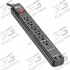TRIPP LITE Outlet Strip: 6 Outlets, 10 ft Cord Lg, 990 J Rated Energy, 15 A Current, UL 1363/UL 1449 (MPN TLP610BUAM). Key specifications — Brand: TRIPP LITE; Mounting Style: Desktop.